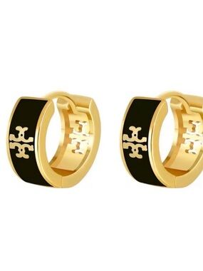 Black Enamel Gold Huggie Hoop Earrings Designer Inspired